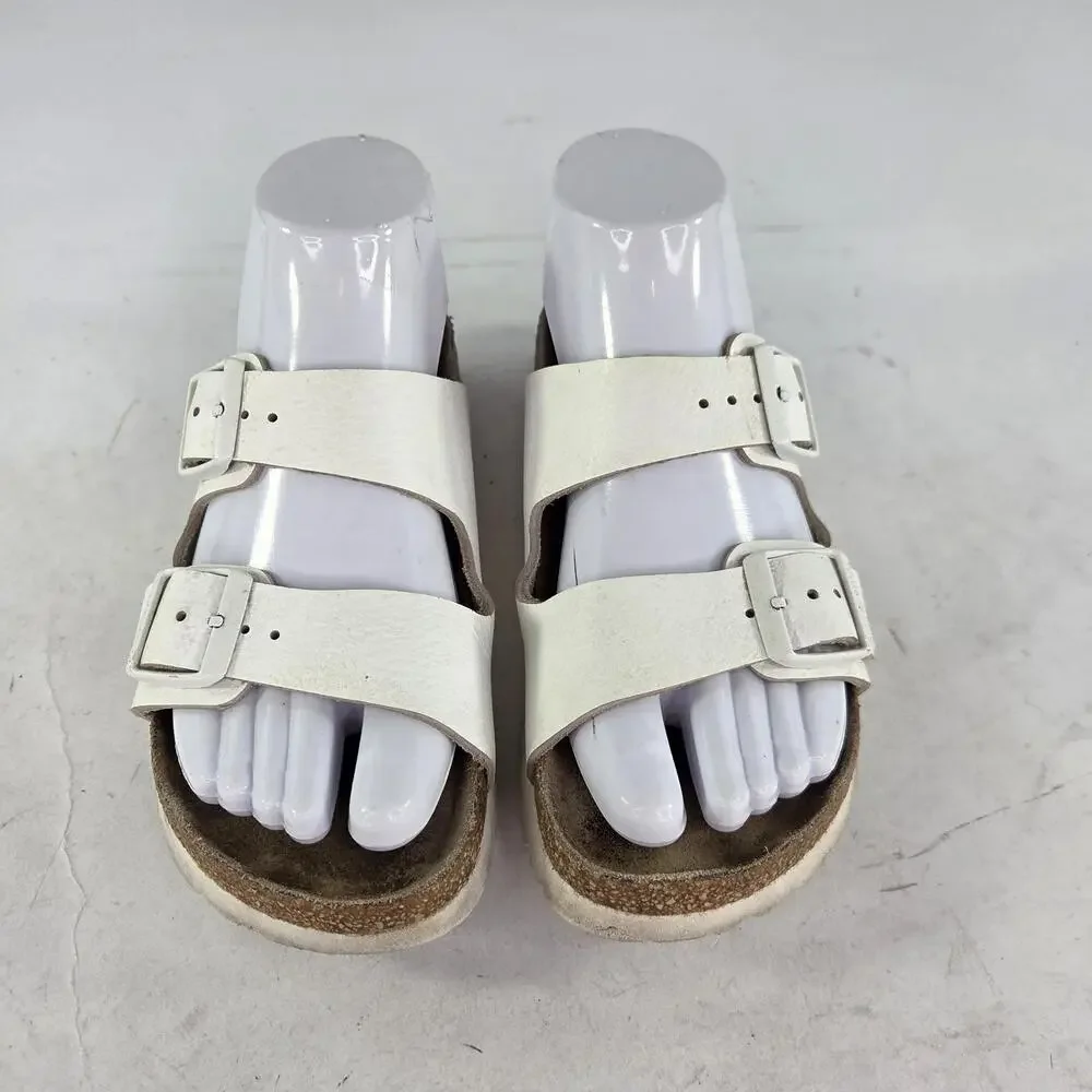 Birkenstock Arizona Soft Footbed Sandals Size 36 White Leather Buckle Slide - Picture 3 of 11
